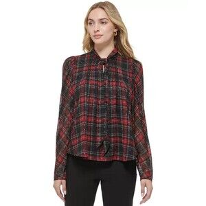 Tommy Hilfiger Women's Clip-Dot Pleated Tie-Neck Top Holidays Blouse Red Black M